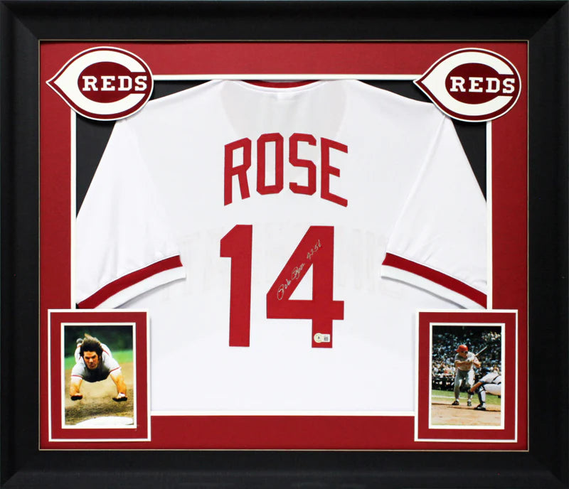 Pete Rose Signed & Inscribed Cincinnatti Reds Framed Baseball Jersey with Beckett Witness